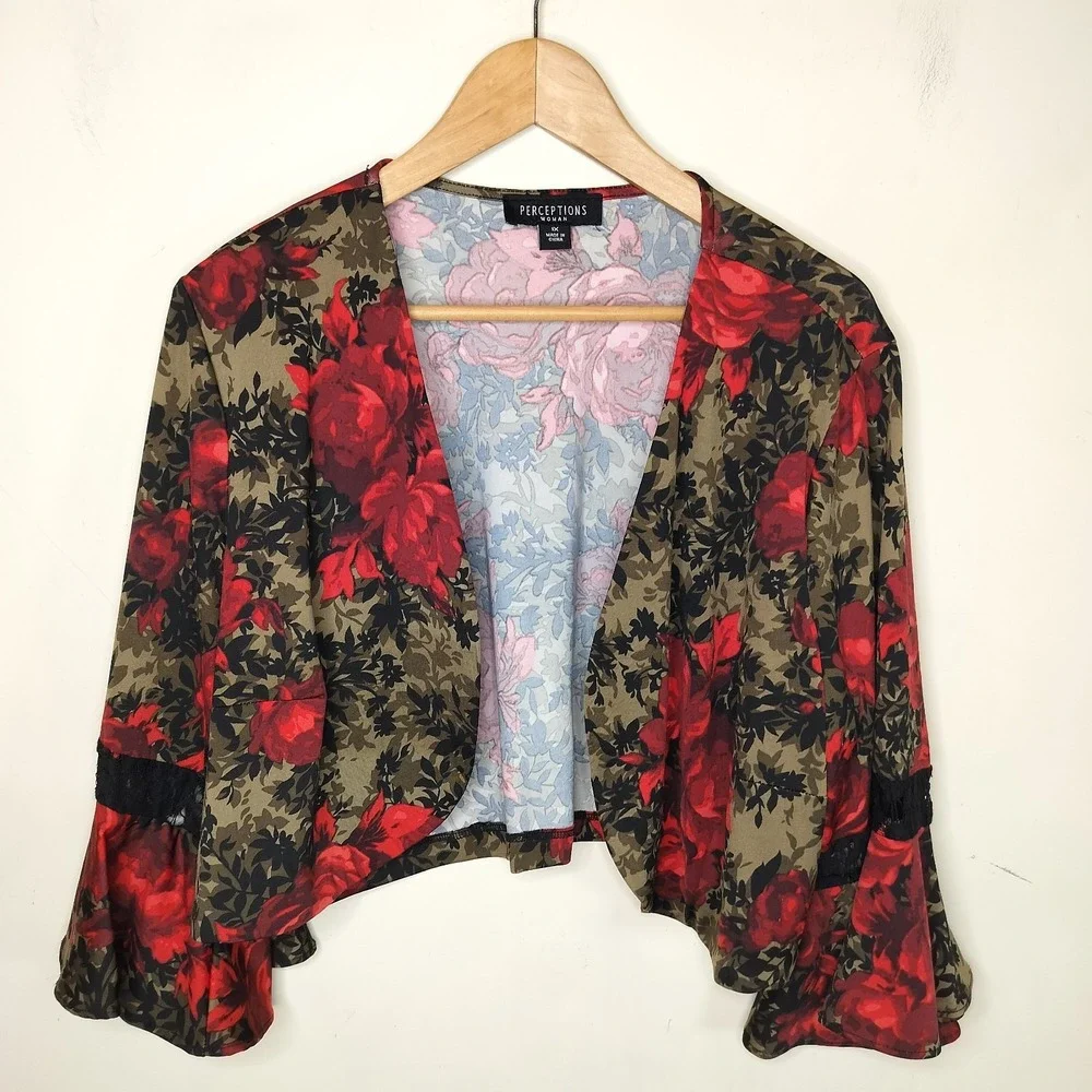 Perceptions Floral Jacket Cardigan Topper Flare Sleeve Lace Inset - Picture 1 of 8